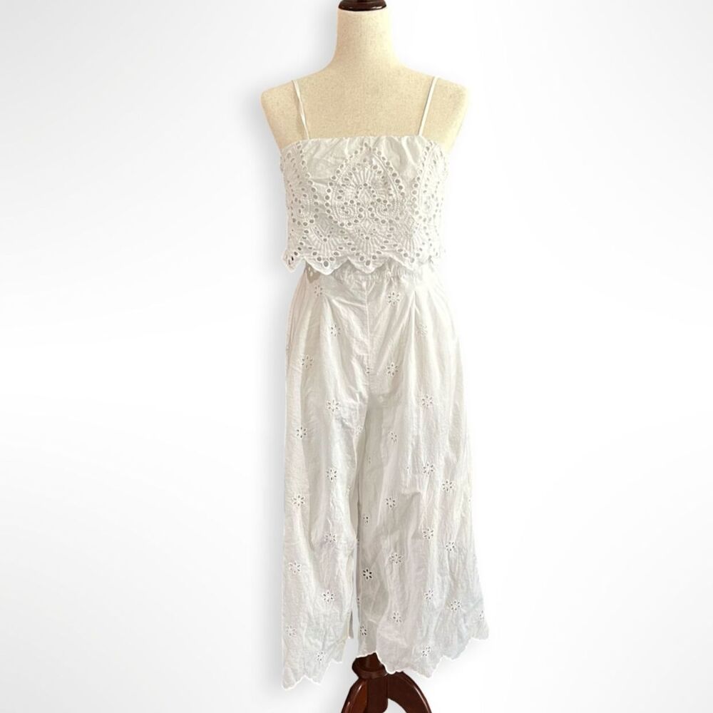 White Eyelet Wide Ankle Romper, M, cottage coquette
